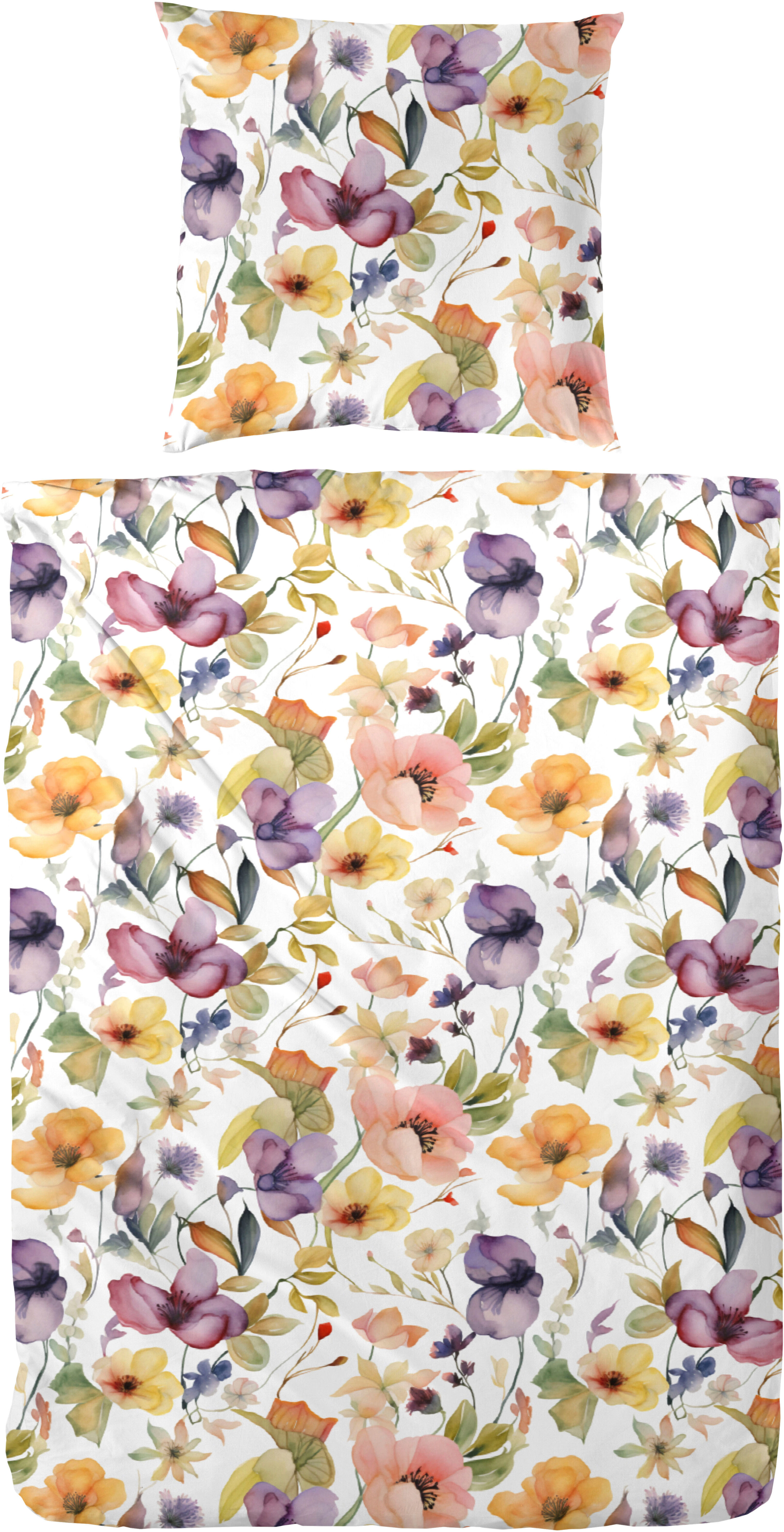 Bettwäsche PRIMERA "Primera Mako-Satin-Bettwäsche Viola", gelb, B/L: 135cm x 200cm, 1 Stk., 1 Stk., Mako-Satin, B/L: 80cm x 80cm, 2 Stk., Mako-Satin, Obermaterial: 100% Baumwolle, Bettwäsche, Bettwäsche, mit einem kräftigen Blumenmuster gelb B/L: 135cm x 