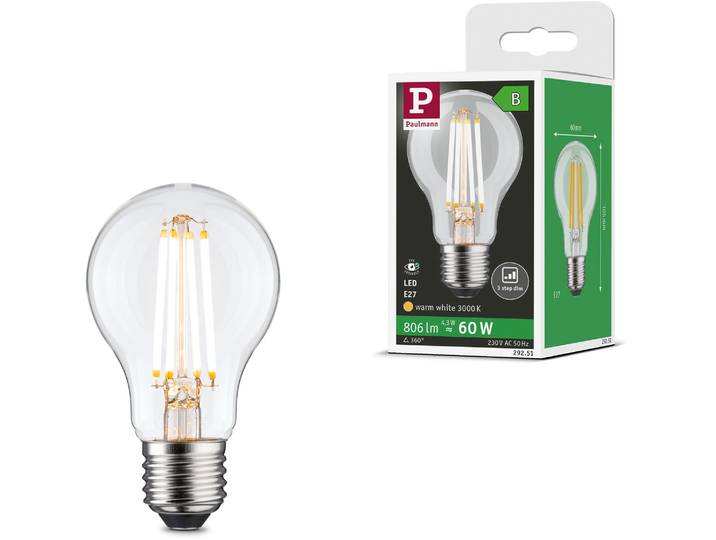 PAULMANN LED-Leuchtmittel Efficient-Line Filament 230V LED Birne E27 806lm 4,3W 3000K dimmb.Klar , Energieeffizienz: B, transparent, L:10,5cm Ø:6cm, Leuchtmittel, LED-Leuchtmittel