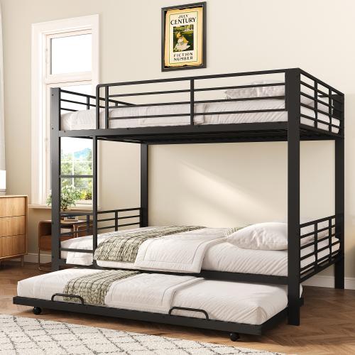 schwere Leistung Metall 140x200 cm mit Ausziehbett , Stockbett mit Rausfallschutz und Leiter für Kinder & Jugendliche, Schwarz