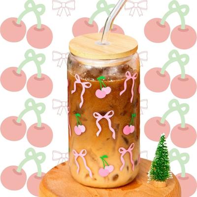 Uplifted Finds 500ml Cherry Bow Glass Tumbler High Performance Mason Jar Shaped Drinking Cup With Lid & Straw cherry Style 1 Pc