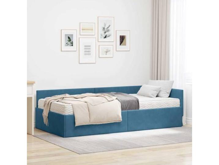 RJPLMFV Eckbettgestell, Veloursblau, 2 Stück Verstellbarer Kopf, Schaumstoffmatratze inklusive, robustes Sperrholz, atmungsaktives Design