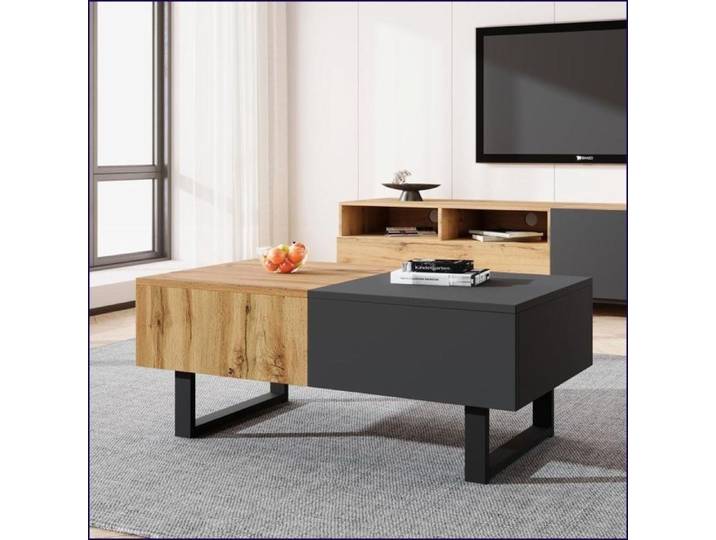 Table Basse Mobile Multifonctionnelle - Rangement Caché - Bois Naturel/Anthracite