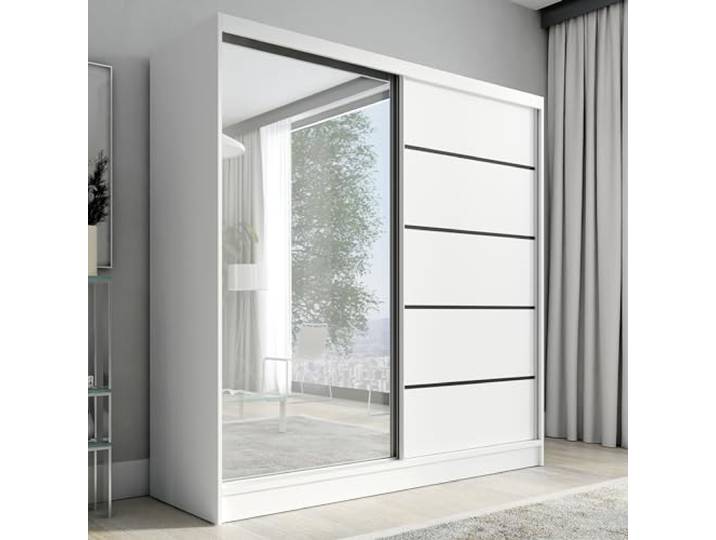 A&J MöbelLand Schwebetürenschrank Nero Kleiderschrank 2-türig mit Schubladen und Spiegel, Garderobe 200 cm (Weiß)