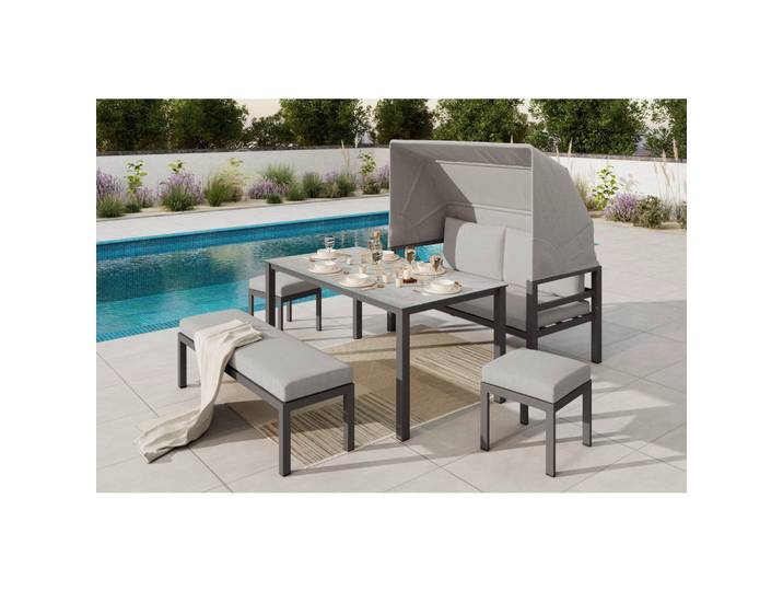 Ambia Garden Dining-Loungeset, Grau, Anthrazit, Metall, Glas, Textil, 5-teilig, Füllung: Polyester,Schaumstoff, Gartenmöbel, Gartengarnituren, Gartenmöbel-Set