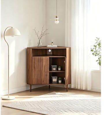 Kodotan sofa Modern Narrow Wooden Corner Storage Cabinet with Open Storage, 2 Doors & Double-Tier Shelves, Floor Corner Organizer