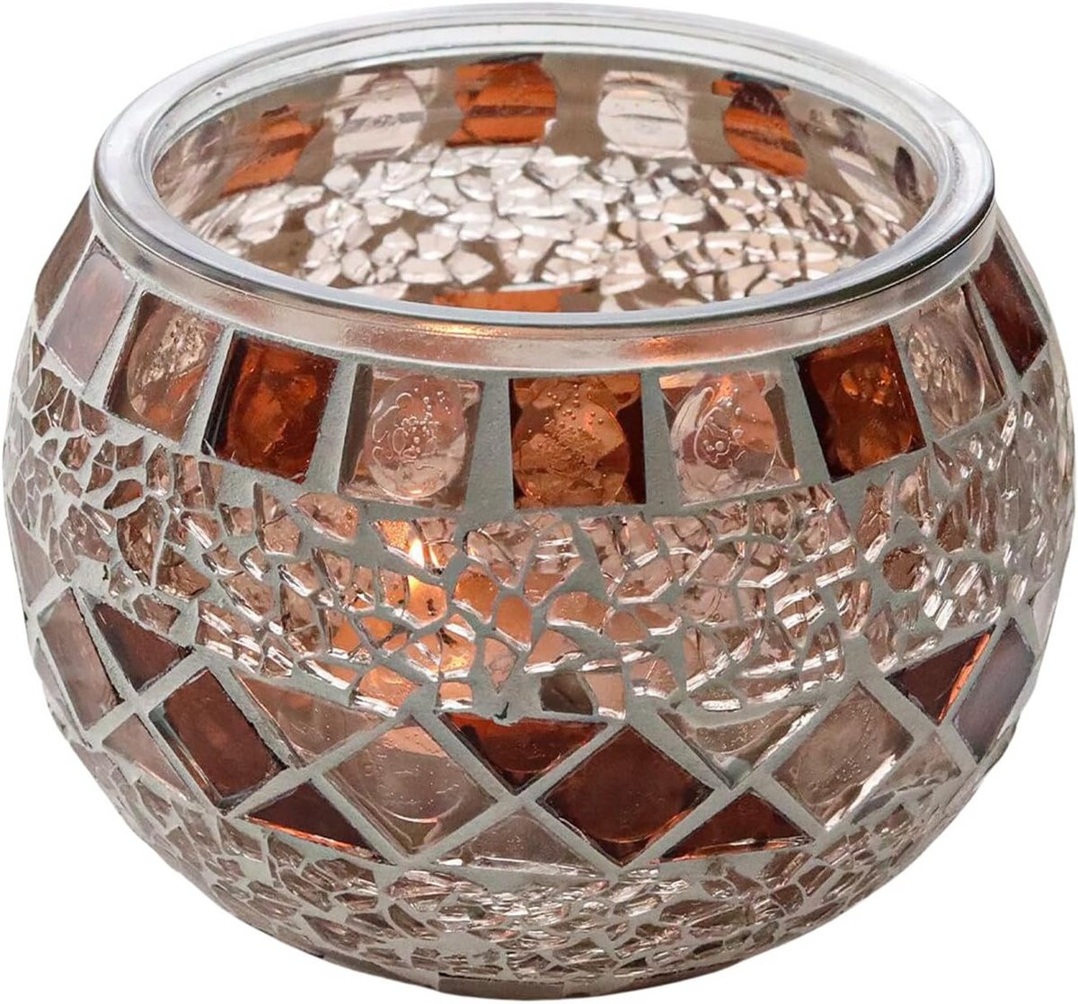 Decoratieve Mozaïek Theelichthouder Glas Bruin – Romantisch Windlicht voor Tafeldecoratie, Kerst en Bruiloft