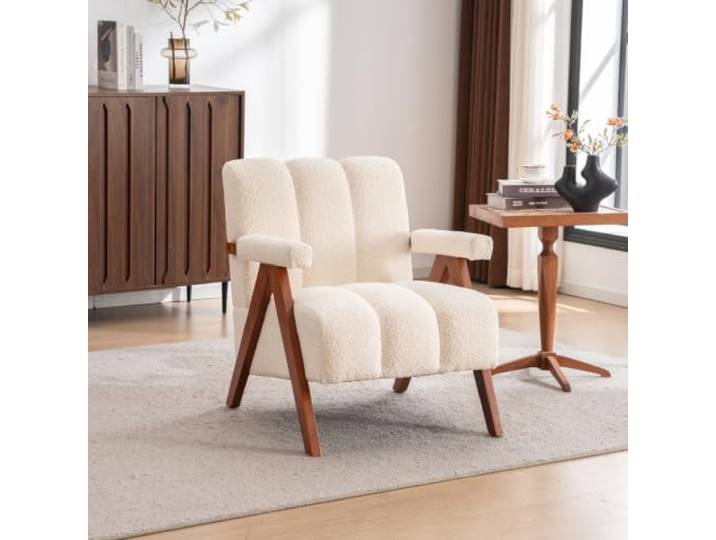 LOBO OFFICE Mid-Century Einzelsessel Bouclé Stoff Massivholzbeine Hautfreundlicher weicher Bouclé-Stoff, dicke hochdichte Schaumpolsterung mit segmentierter Rückenlehne für wolkenweichen Sitz