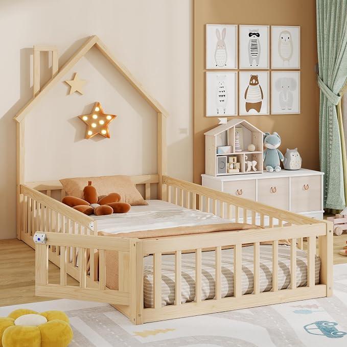 Kinderbett 90x200 Hausbett Holz Kinder Bett Flachbett Spielbett Jugendbett | Hausbett mit Schornstein Gelaender Kiefernholz Bettgestell Lattenrost Maedchen Junge Schutzgitter fuer Kinderzimmer,Natur