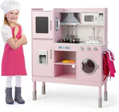 Costway Pretend Play Kitchen for Kids with 16 Pieces Accessories-Pink