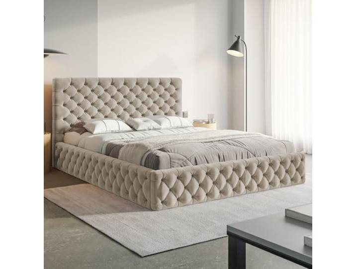 MOTIVENA Dalia Chesterfield Bett 180x200 Beige Samt, mit Stauraum, mit Kopfteil, mit Lattenrost, ohne Füße, ohne Matratze, Chesterfield Polsterbett 180x200 mit Bettkasten Beige