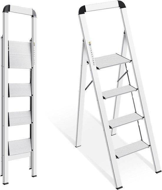 Vouwtrap met 4 treden - Opvouwbare aluminium huishoudtrap - Zilver - Maximaal 150 kg belasting
