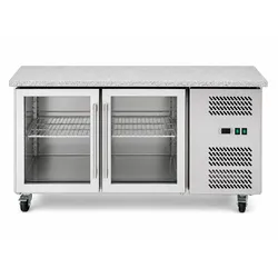 Romux® Kühltisch mit 2 Glastüren 136x70 cm mit Marmor-Arbeitsplatte und Luftkühlung | Theken Kühlschrank aus Edelstahl mit 282 L und 650 W