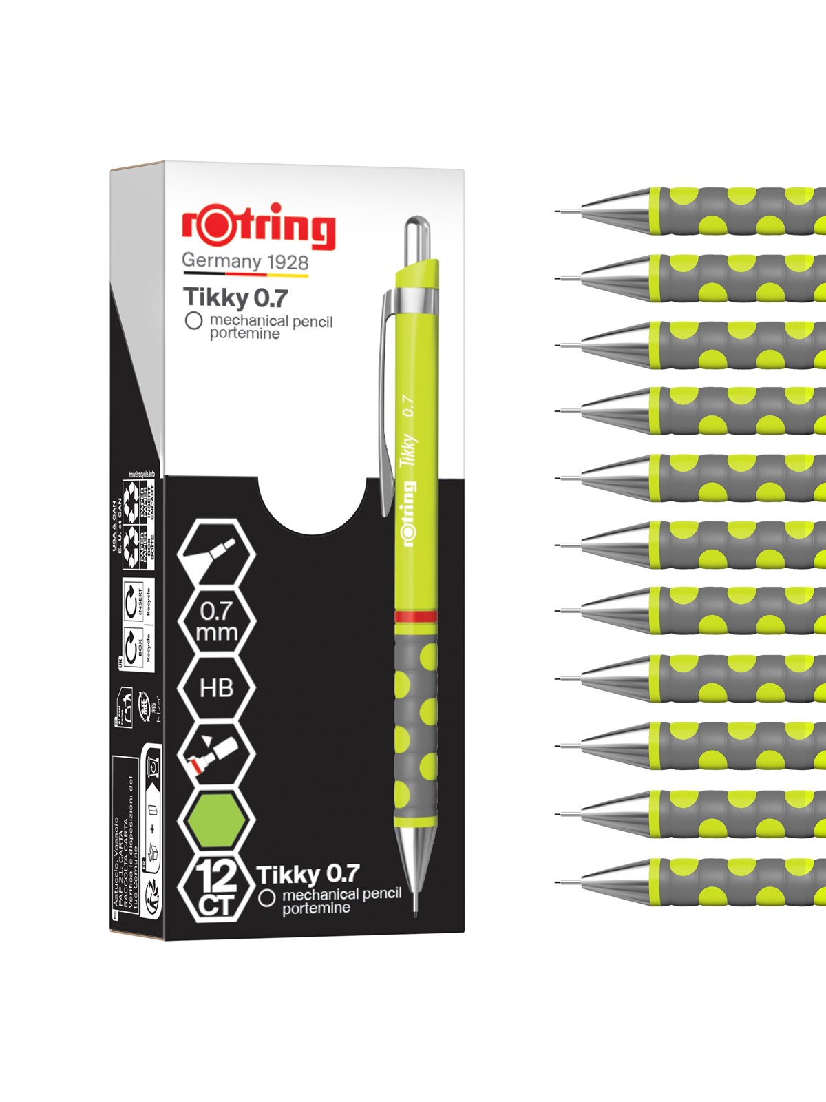 Rotring Tikky Mechanical Pencil | HB 0.7 mm | Spidermum (lime) Barrel | Lightweight with Rubberised Grip | 12 Count