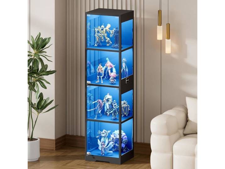 Vitrine en verre 4 niveaux - avec rangement+éclairage LED portes en verre et capteurs intelligents vitrine en verre anti-poussière