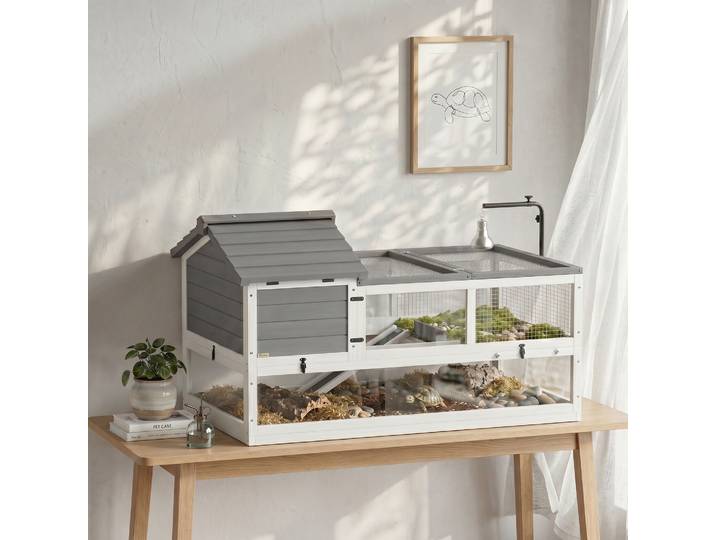 PawHut Enclos Tortue Bois Gris Toit Ouvrant Support Lampe