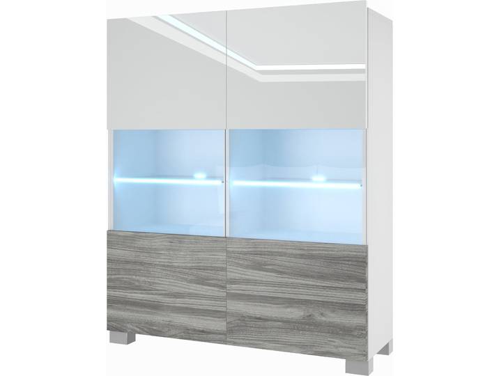 BELINI Commode Sideboard Salon Chambre à coucher Armoire haute avec lampes LED (Blanc / Bois Glamour)