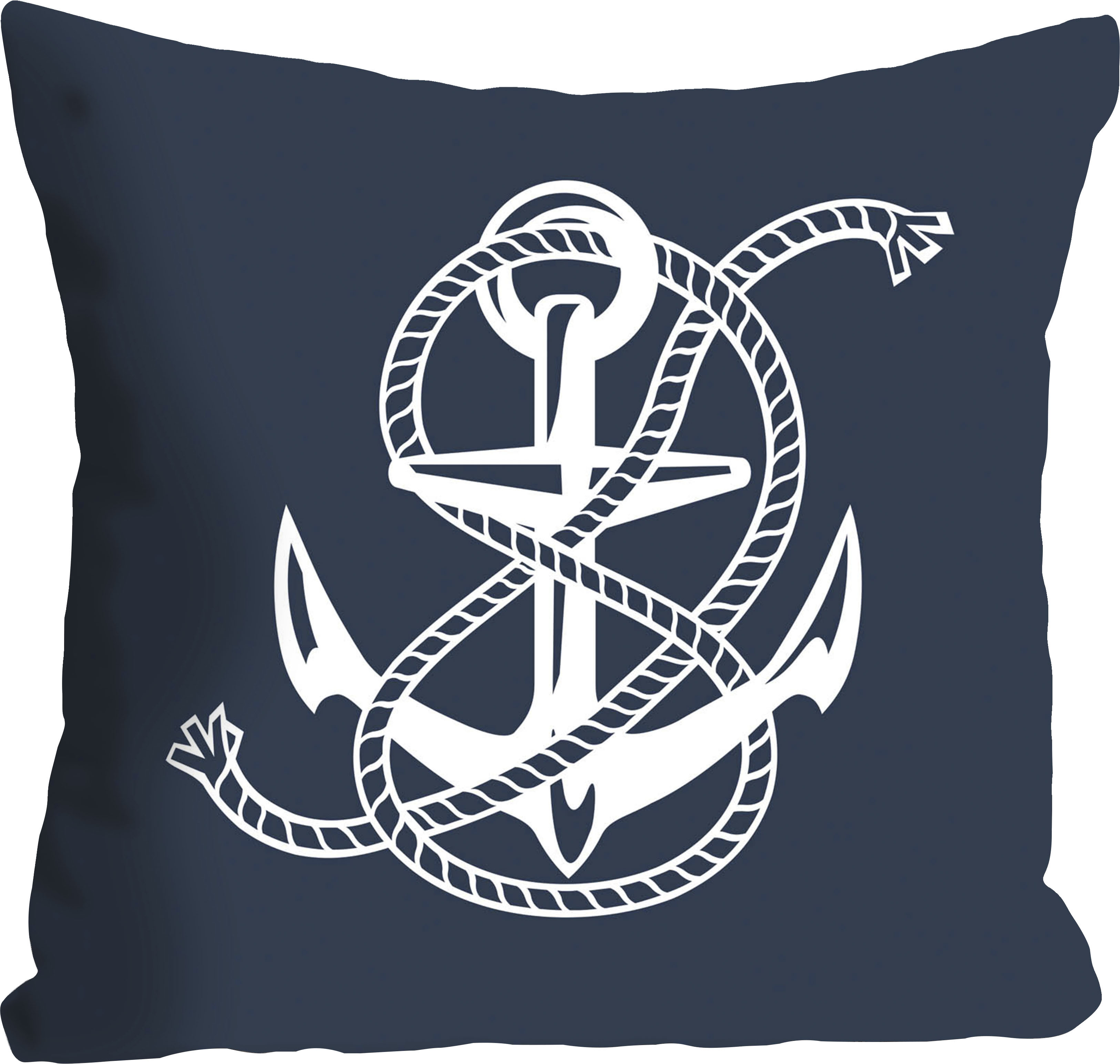 Dekokissen QUEENCE "Jessica", blau (blau, bedruckt), B:40cm L:40cm, Polyester, Dekokissen_Sitzkissen_Kissenhüllen, Dekokissen, Kissenhülle,Anker,Tau,Maritim,Nautisch,Strand,Sommer,Blau,Weiß