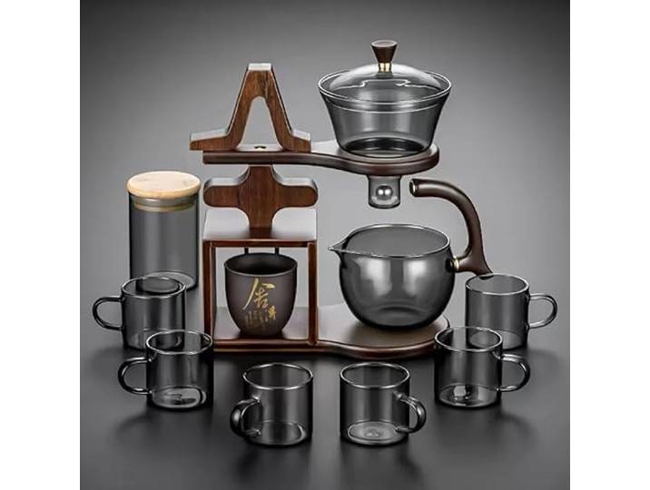 Lazy Tea Set Holzglas-Teekannen-Set Teekanne Mit Drehbarer Abdeckung Semi Automatic Tea Set Chinesisches Gongfu-Tee-Set YoeEoay Neues Asiatisches Teeservice Authentische Teezeremonien & Entspannung(D)