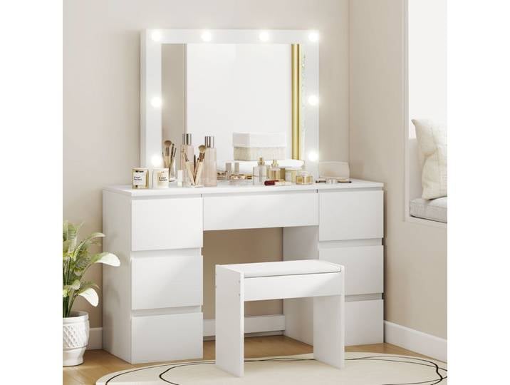 Coiffeuse maquillage - Style Hollywood - Miroir 8 LED tactile - 7 tiroirs - Tabouret rembourré