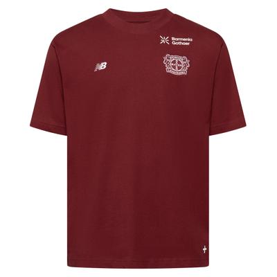 T-Shirt NEW BALANCE "Bayer 04 26/27 Small Logo T-sh", Damen, Gr. L, rot (mhb), Jersey, Obermaterial: 100% Polyester, normal, Rundhals, Shirts T-Shirt, mit Rundhalsausschnitt, Kurzarm-Design, aus Jersey-Material
