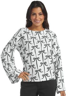 Masseys Bell Sleeve Knit Top (Size 4X) Black White Bow, Cotton