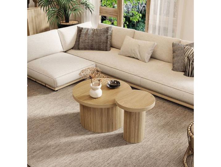 Table Basse Ronde 2 Pièces - Bois Naturel - 66x40cm - 40x46cm