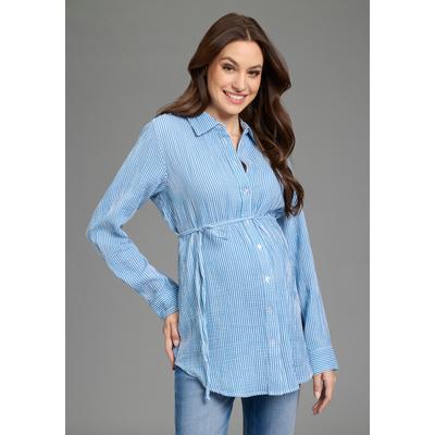 Umstandsshirt NEUN MONATE "Umstands-Bluse, Musselin, Streifenbluse", Damen, Gr. 46, blau (blau gestreift), Web, Obermaterial: 100% Baumwolle, gestreift, Po-bedeckend, 2-Knopf-Manschette, Shirts Umstandsshirt, mit Blusenkragen, mit Bindebändern, mit...