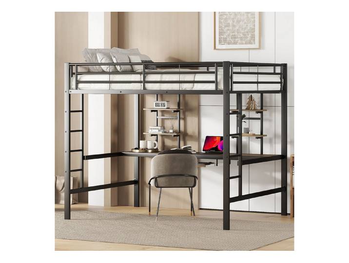 Flieks Hochbett Metallbett Kinderbett mit Schreibtisch & Regal 140x200cm ohne Stuhl