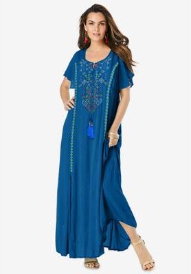 Plus Size Women's Plus Size Flutter Sleeve Hand Crinkled Maxi Dress - Curvy A-Line by Roaman's in Blue Folk Embroidery (Size 38/40)