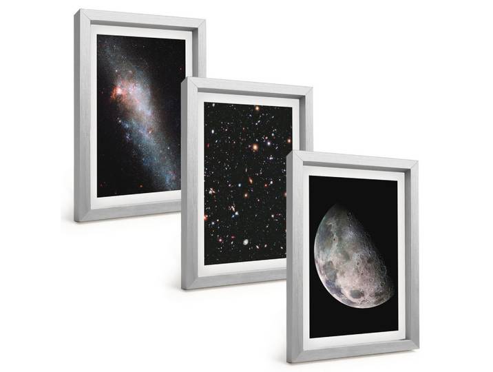 BILDER SET 3er Set - 20x30 cm Silberner Rahmen - Weltraum Galaxien Sterne Mond