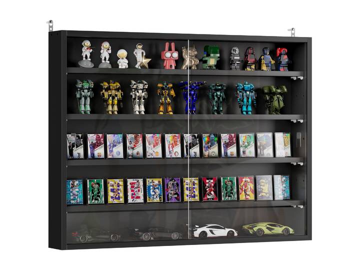 HOMCOM Vitrine pour collection vitrine murale 80 x 9,5 x 60 cm avec 4 étagères réglables en hauteur et 2 portes coulissantes en verre, pour collection de figurines et voitures miniatures, noir