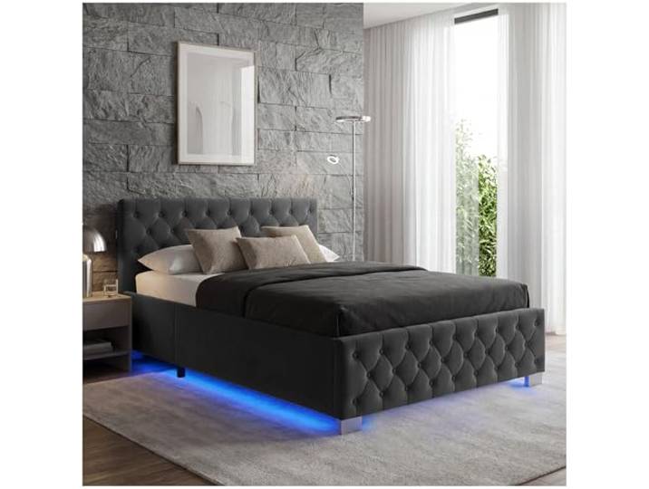 tectake® Polsterbett, 120x200cm, LED-Beleuchtung, Fernbedienung, Stauraum, Samtbezug, Chesterfield, Belastbarkeit 200kg, Bettgestell, Lattenrost, Gasdruckfeder, Schlafzimmermöbel - Samtoptik schwarz