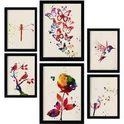 POSTER Set Mit 6 Natur Illustrationen Im Aquarell Stil Von Pflanzen, Blumen, Schmetterlingen Und Vögeln Innenarchitektur A3 & A4 Schwarzer Rahmen