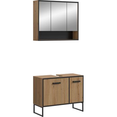 Badezimmer-Set WELLTIME "LOCRI, 2-tlg. Badkombination, Breite 80 cm, Rillenoptik, Metallkufen", artisan oak nachbildung, schwarz, Holzwerkstoff, Kastenmöbel-Sets, Bad-Kombination, Bad-Möbel, Badezimmer, Kombination, Kombi