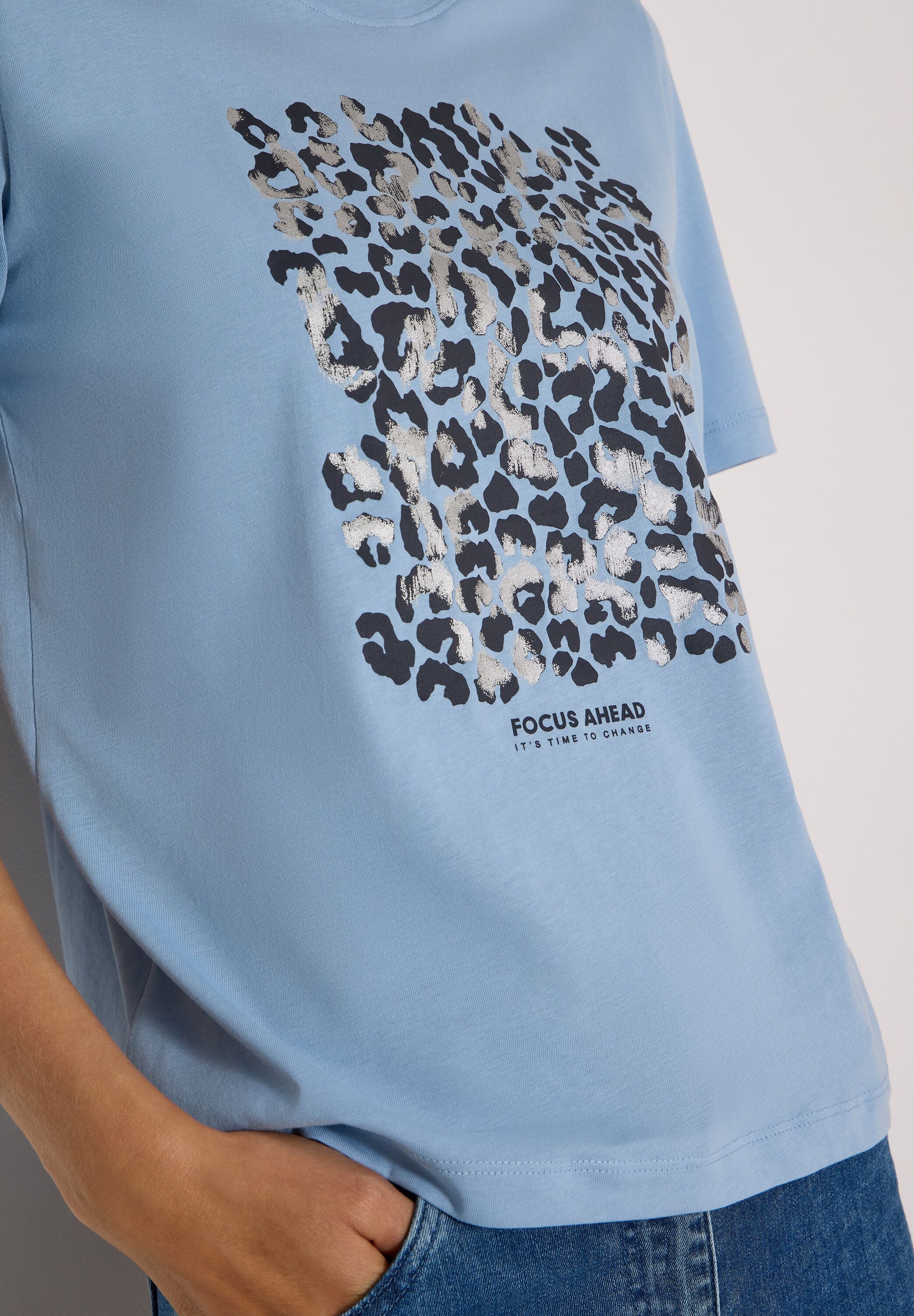 T-Shirt CECIL, Damen, Gr. XL (44), blau (easy blau), Jersey, Obermaterial: 100% Baumwolle, normal normal, Rundhals, Shirts T-Shirt, Dezenter Animal- Druck easy blau XL (44)
