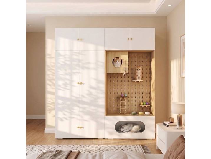 Armoire rangement pour animaux 180x50x200cm mur escalade chat coussin tringle style blanc bois pour salon chambre