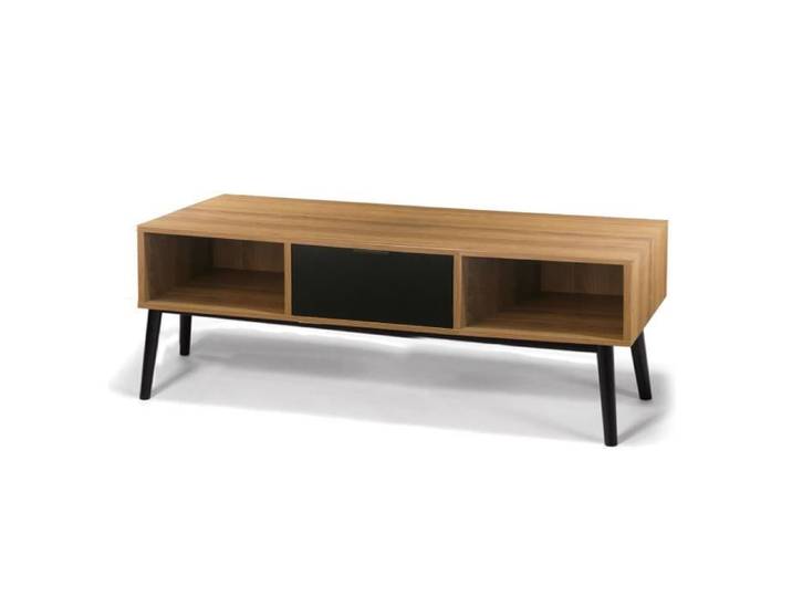 Table basse - JUANIO - Chêne/Noir - 1 tiroir - 2 niches - 110x55x42.5 cm