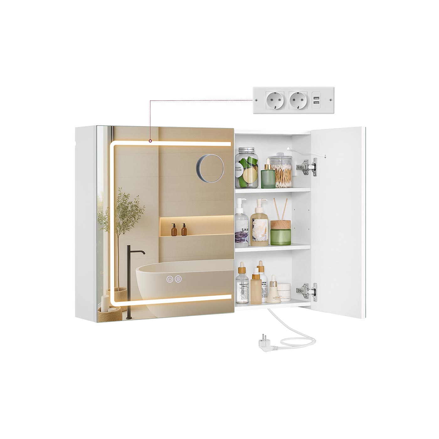VASAGLE Spiegelschrank mit Beleuchtung und Steckdose BBK134W01