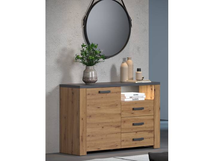 Sideboard Follow mit Schubkästen , Artisan Eiche / Matera grau mit Beleuchtung