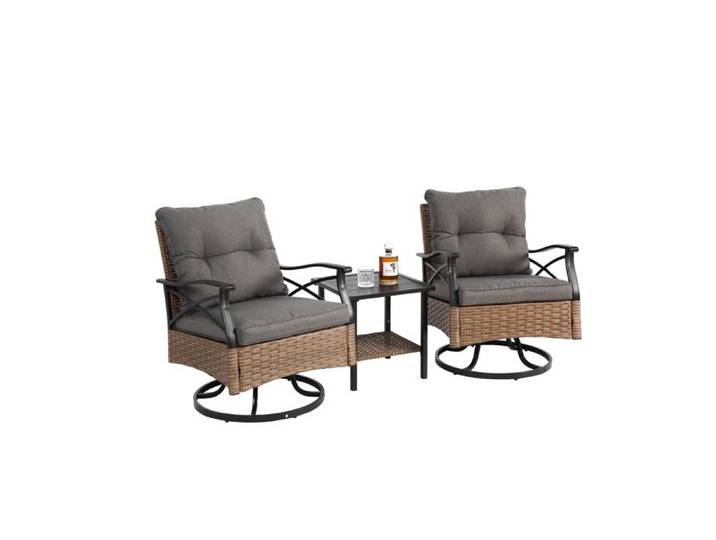 Ensemble Mobilier De Jardin Brun Et Gris Fauteuils À Bascule Pivotants Table Résine Tressée Supporte 159kg 64x58x82cm 46x46x48cm