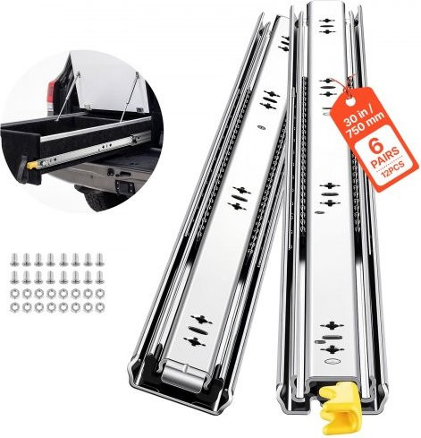 Vevor 6 paar ladegeleiders van koolstofstaal, 75 cm volledig uitschuifbaar, draagvermogen 113 kg, zilver, met kogellagers en vergrendelingsmechanisme