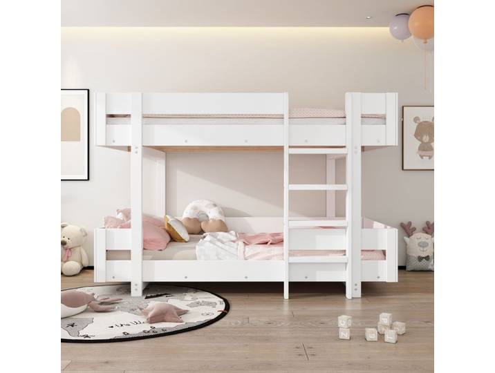 Lit superposé enfant - LEMONBEST - 90x200 cm - Escalier - Barrières renforcées - Bois massif blanc