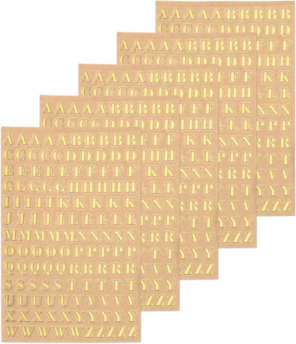 5 vellen zelfklevende metalen alfabet stickers - 3D hoofdletters A-Z - goudkleurig voor hars en knutselen