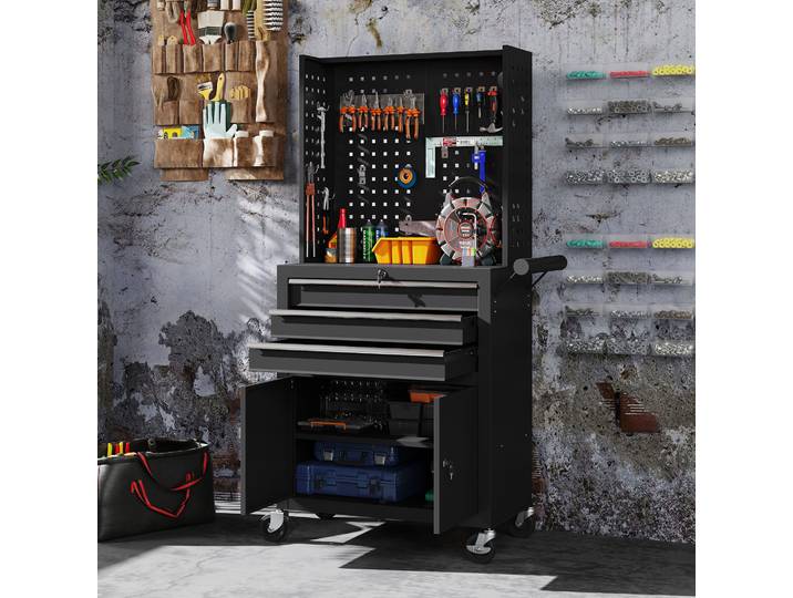 HOMCOM Chariot Atelier Acier 3 Tiroirs Étagère Panneau Noir