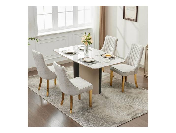 LuxusKollektion Esszimmerstuhl Essstühle 4er Chenille Stoff goldene Edelstahlbeine 4er set Beige B