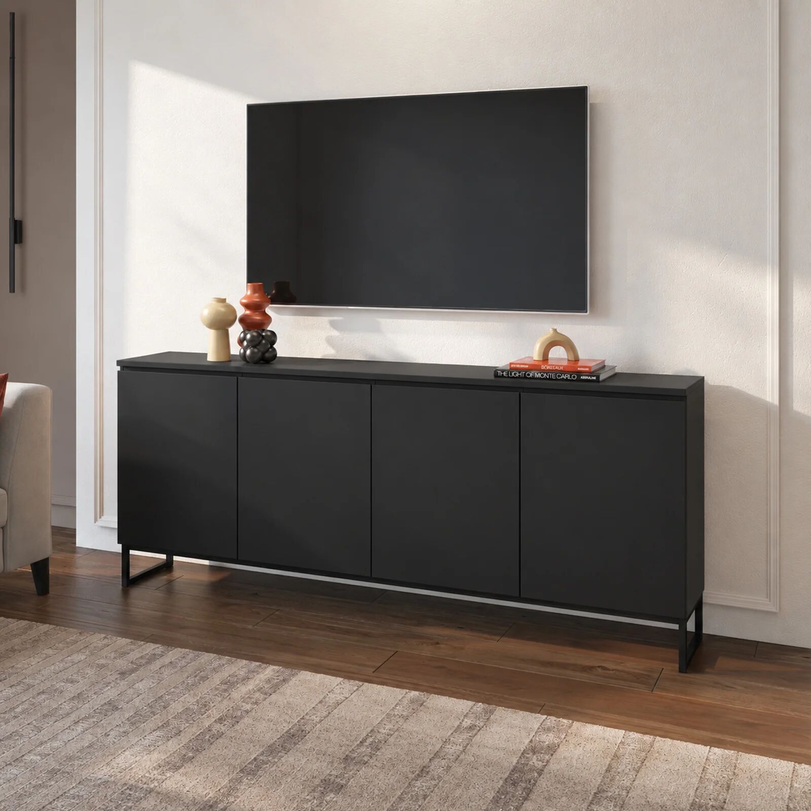garneroarredamenti Madia 200x82h cm con piedini 4 ante nero opaco Ischia