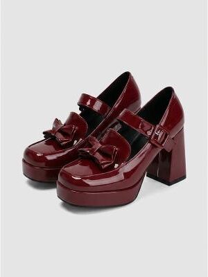 LightInthebox Women's Retro Platform Mary Janes - Shiny Wine Red Bowknot Ankle Strap Block Heels for French Vintage Style, Daily Casual