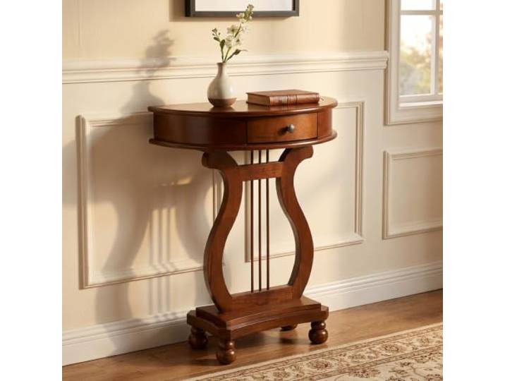 Schmaler Konsolentisch aus Holz, Halbrunder Beistelltisch mit Schublade Massivholz, Flurmöbel, Eingangsbereich, Retro-Stil, Stabiler Stand(Cherry)