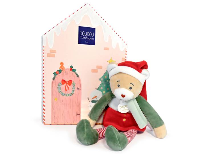 Doudou ours 27 cm collection DOUDOU FARCEUR Cannelle rouge et vert