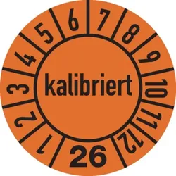 König Werbeanlagen Jahresprüfplakette ab 26, kalibriert, orange/schwarz, Folie, Ø 10 mm - Bogen = 10 Plaketten - 10 mm Folie selbstklebend